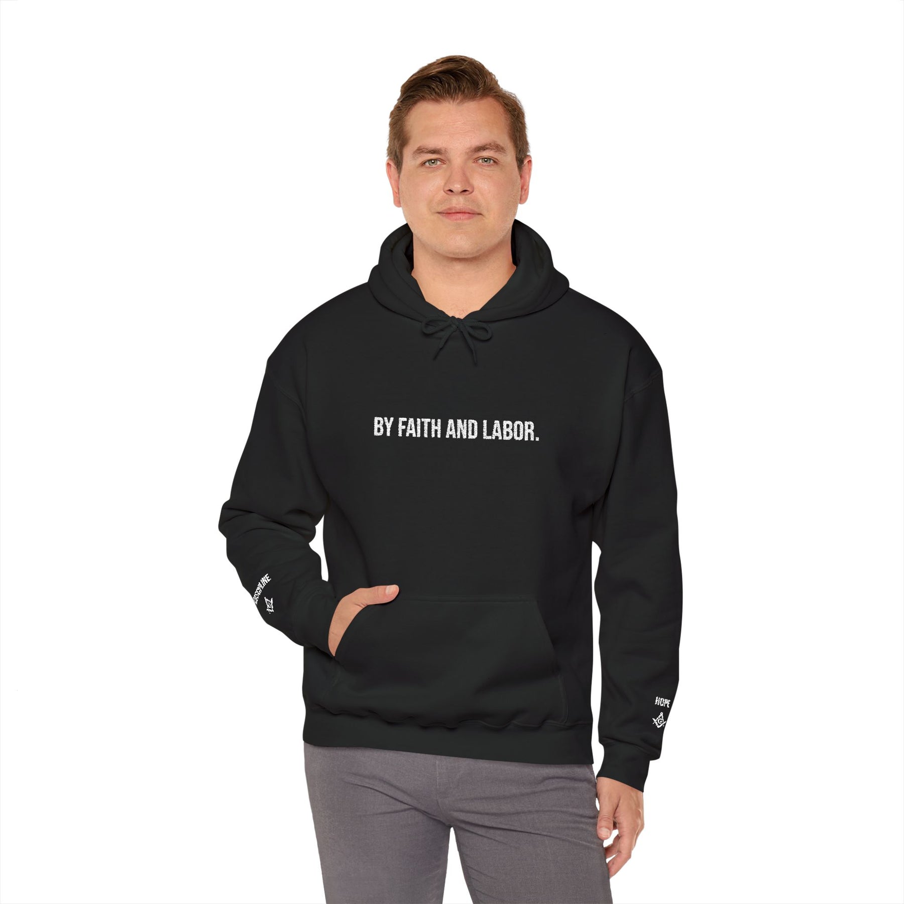 Master Mason Blue Lodge Hoodie - By Faith And Labor with Square & Compass G Embroidery - Bricks Masons