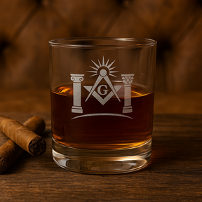 Master Mason Blue Lodge Whiskey Glass - Square & Compass G with Twin Pillars and Light