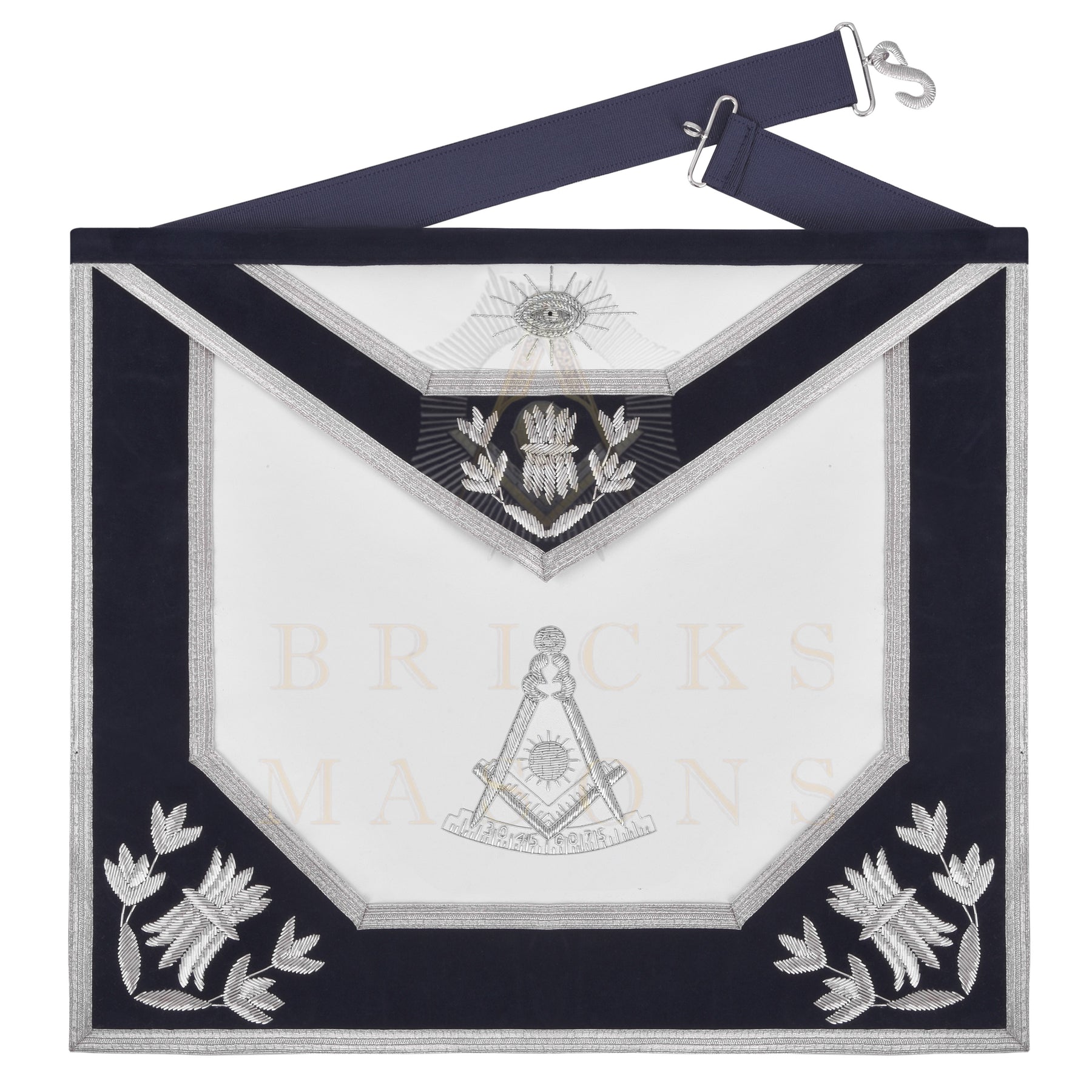 Past Master Blue Lodge Apron - Navy Velvet & Silver Bullion Hand Embroidery - Bricks Masons