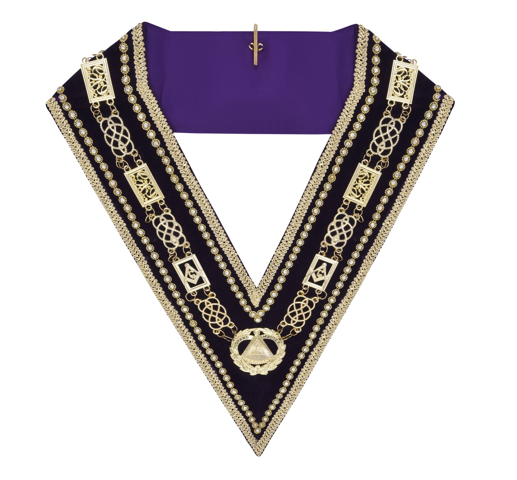 Grand Master Blue Lodge Chain Collar - Gold Plated Chain Purple Velvet - Bricks Masons