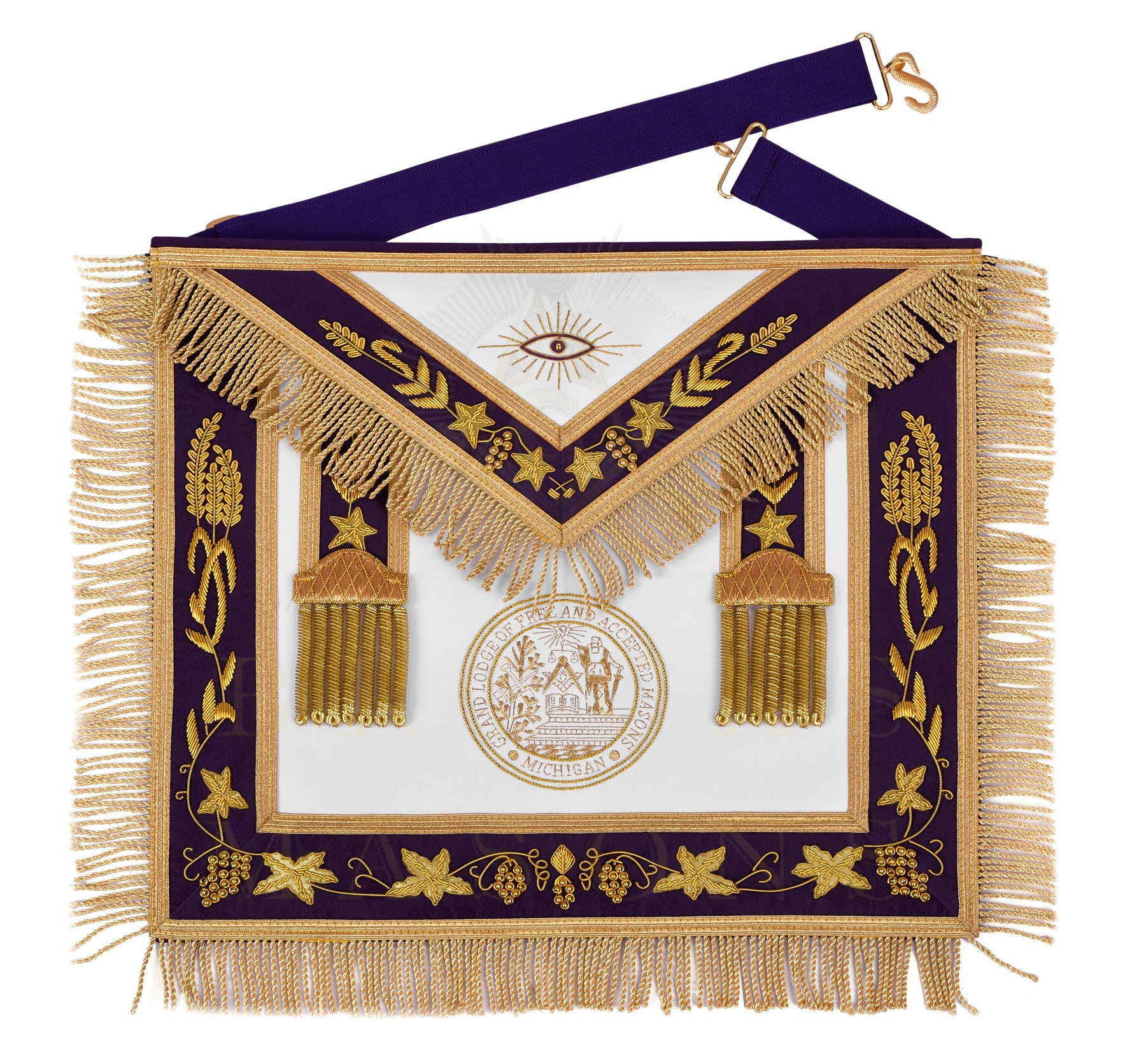 Grand Master Blue Lodge Apron - Customizable Emblem Premium Quality Purple Velvet Gold Bullion & Fringe - Bricks Masons