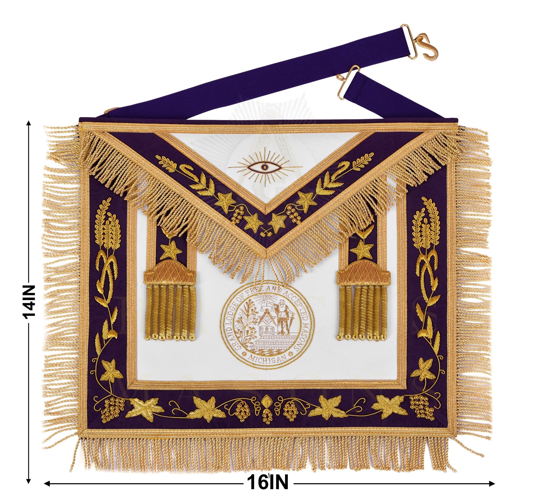 Grand Master Blue Lodge Apron - Customizable Emblem Premium Quality Purple Velvet Gold Bullion & Fringe - Bricks Masons