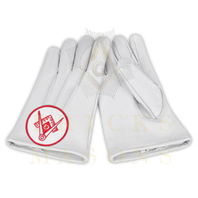 Master Mason Blue Lodge Gloves - White Leather Circular Red Square & Compass G Patch