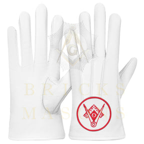 Master Mason Blue Lodge Gloves - White Leather Circular Red Square & Compass G Patch