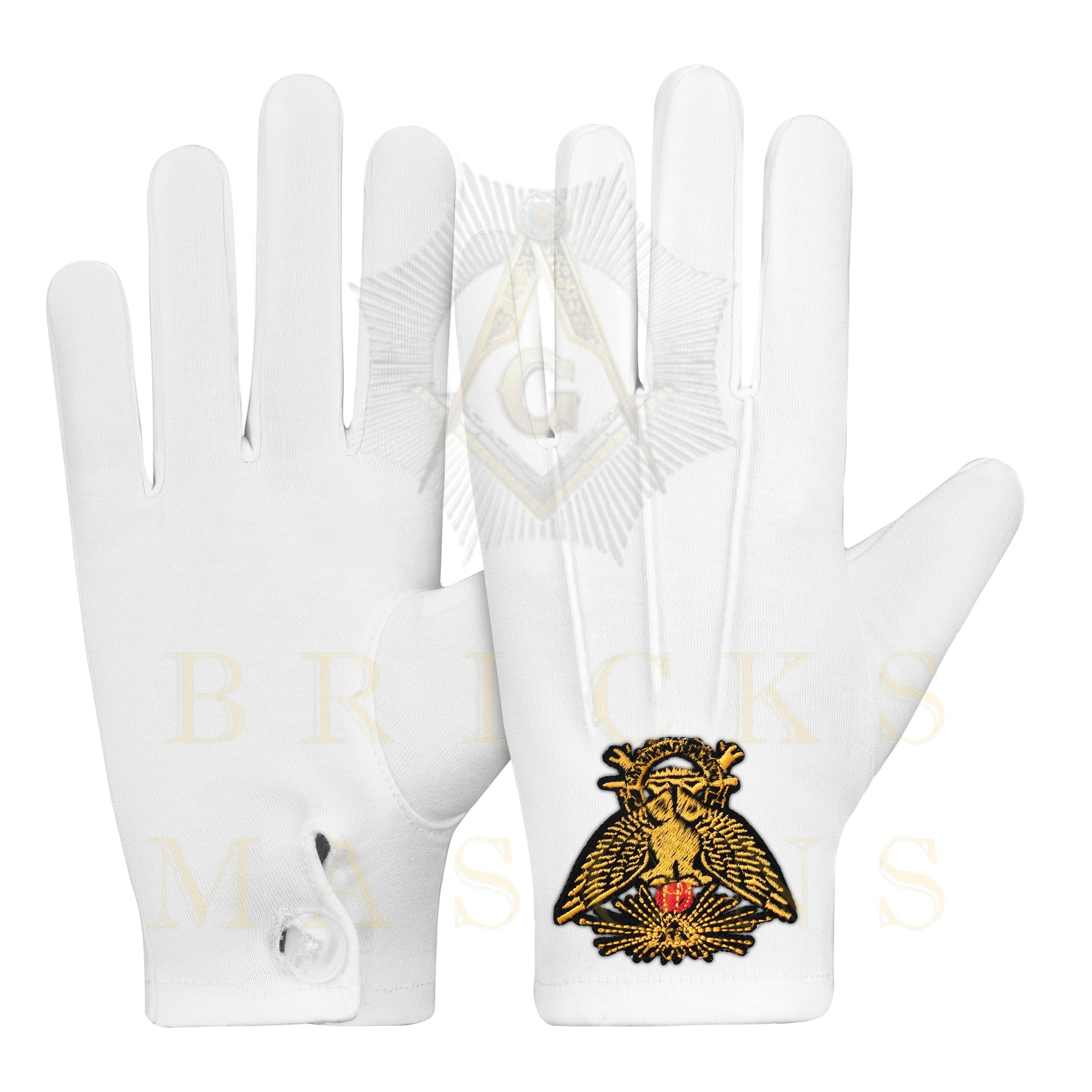 33rd Degree Scottish Rite Gloves - White Cotton Wings Up - Bricks Masons
