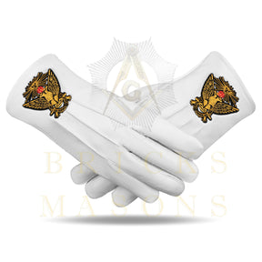 33rd Degree Scottish Rite Gloves -  White Leather Eagle Wings Up Patch - Bricks Masons
