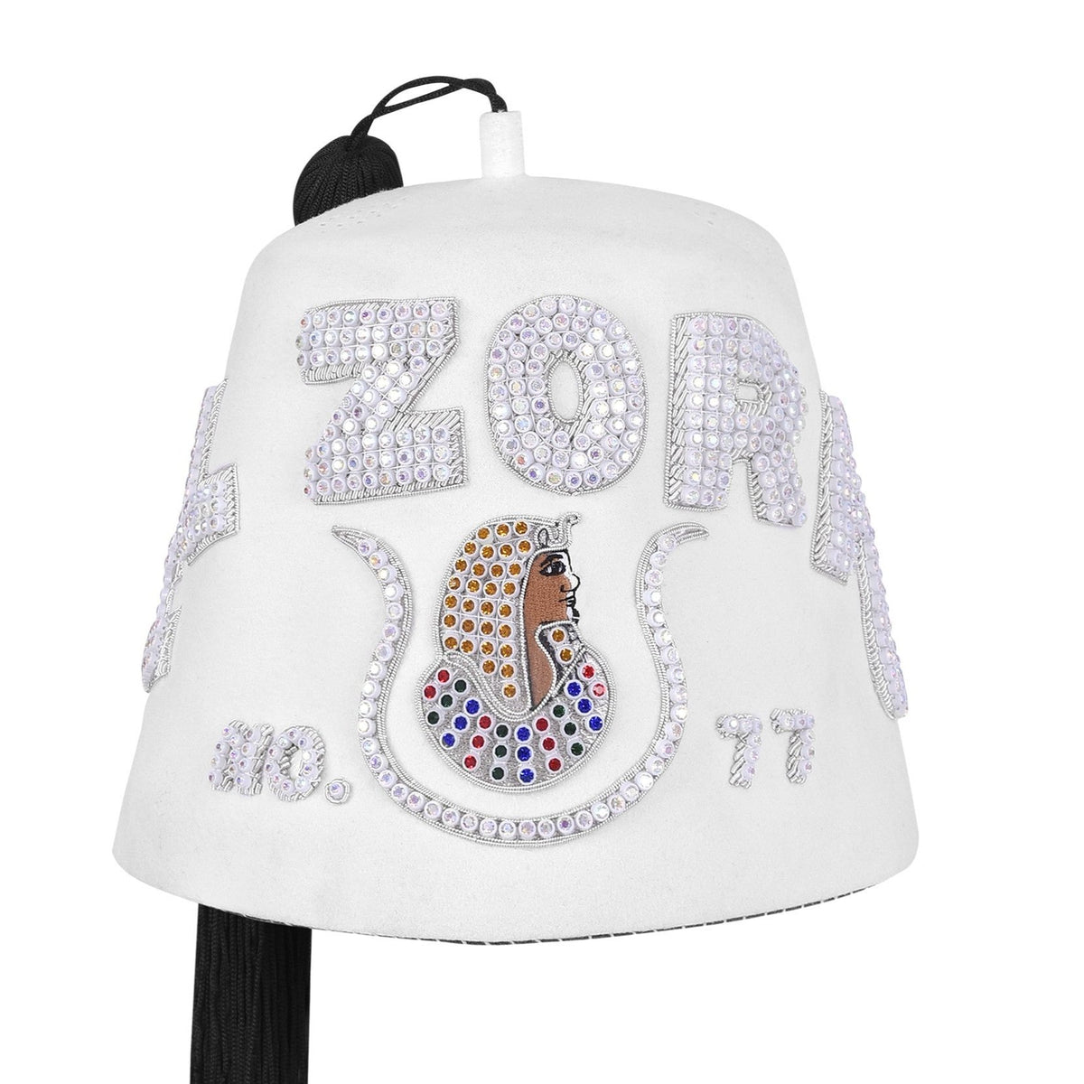 DOI Fez Hat - Pure White Embroidery With Rhinestones (3 Rows as pictured) - Bricks Masons
