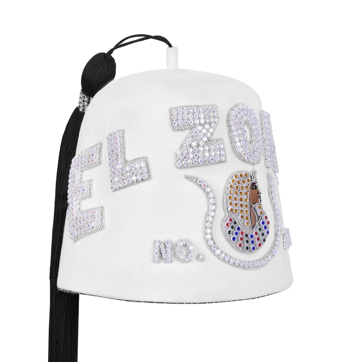 DOI Fez Hat - Pure White Embroidery With Rhinestones (3 Rows as pictured) - Bricks Masons