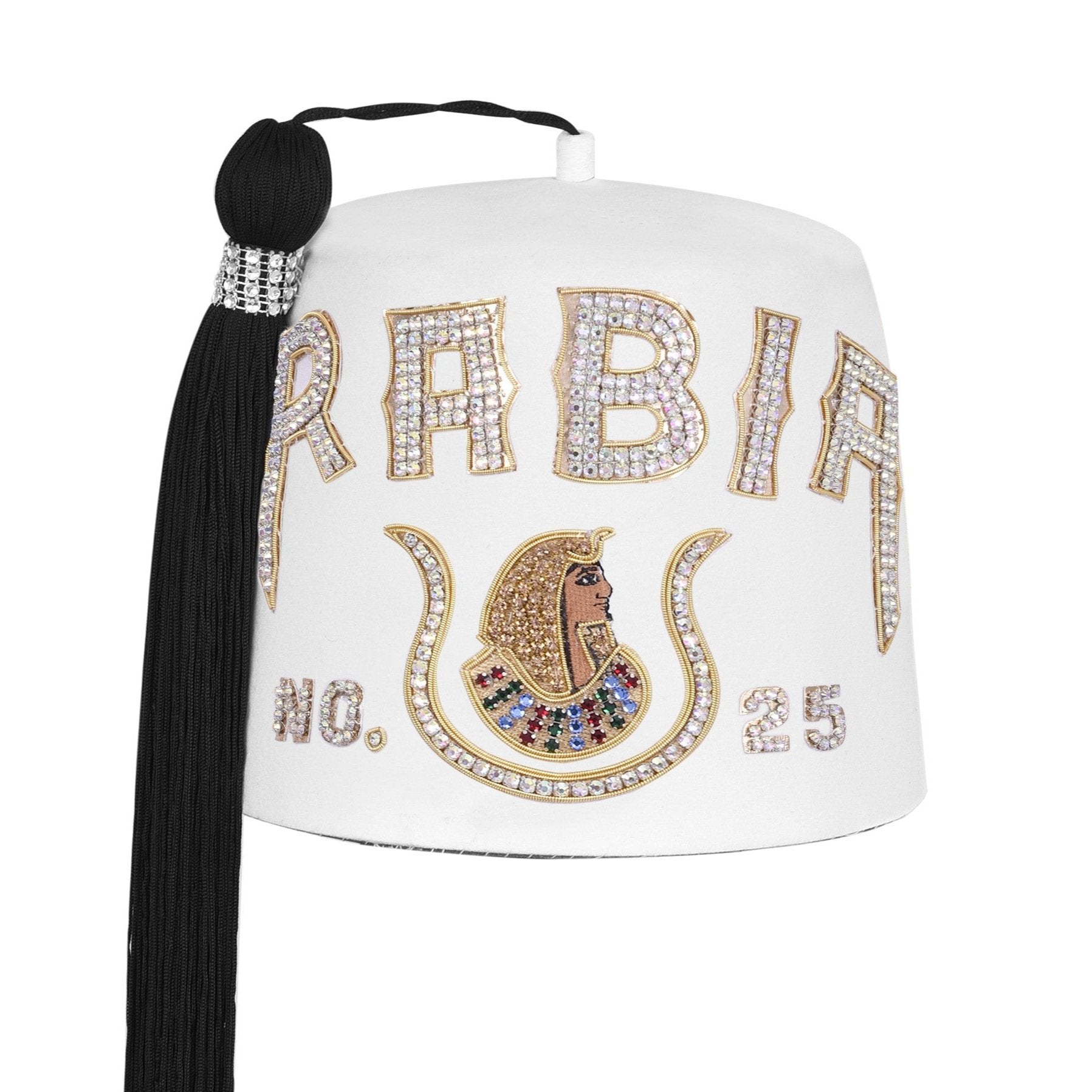 DOI PHA Fez Hat - Pure White & Gold Embroidery With Rhinestones (2 Rows as pictured)