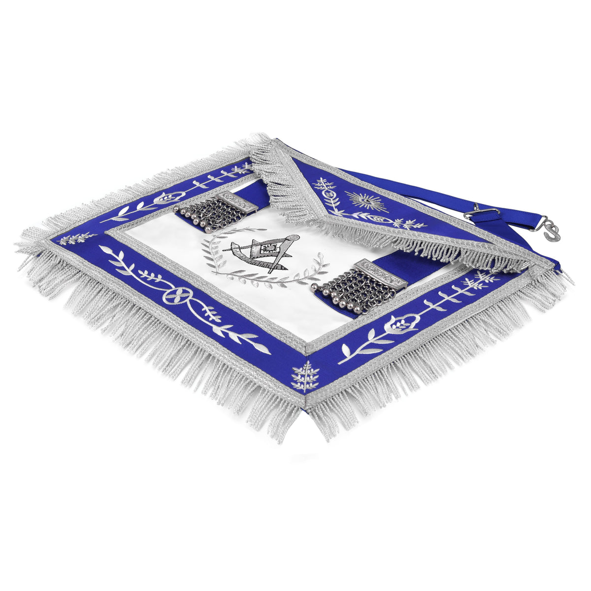 Past Master Blue Lodge Apron - Blue Ribbon Silver Bullion With Wreath & Fringe - Bricks Masons