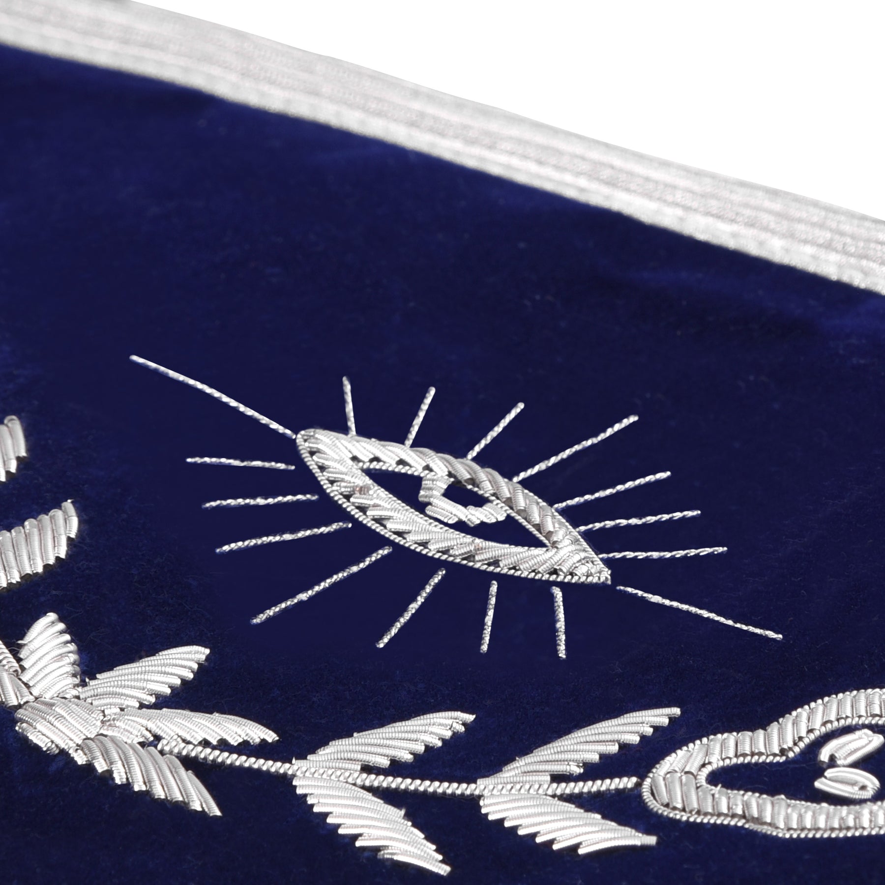 Past Master Blue Lodge California Regulation Apron - Royal Blue Velvet Silver Bullion With Wreath & Fringe