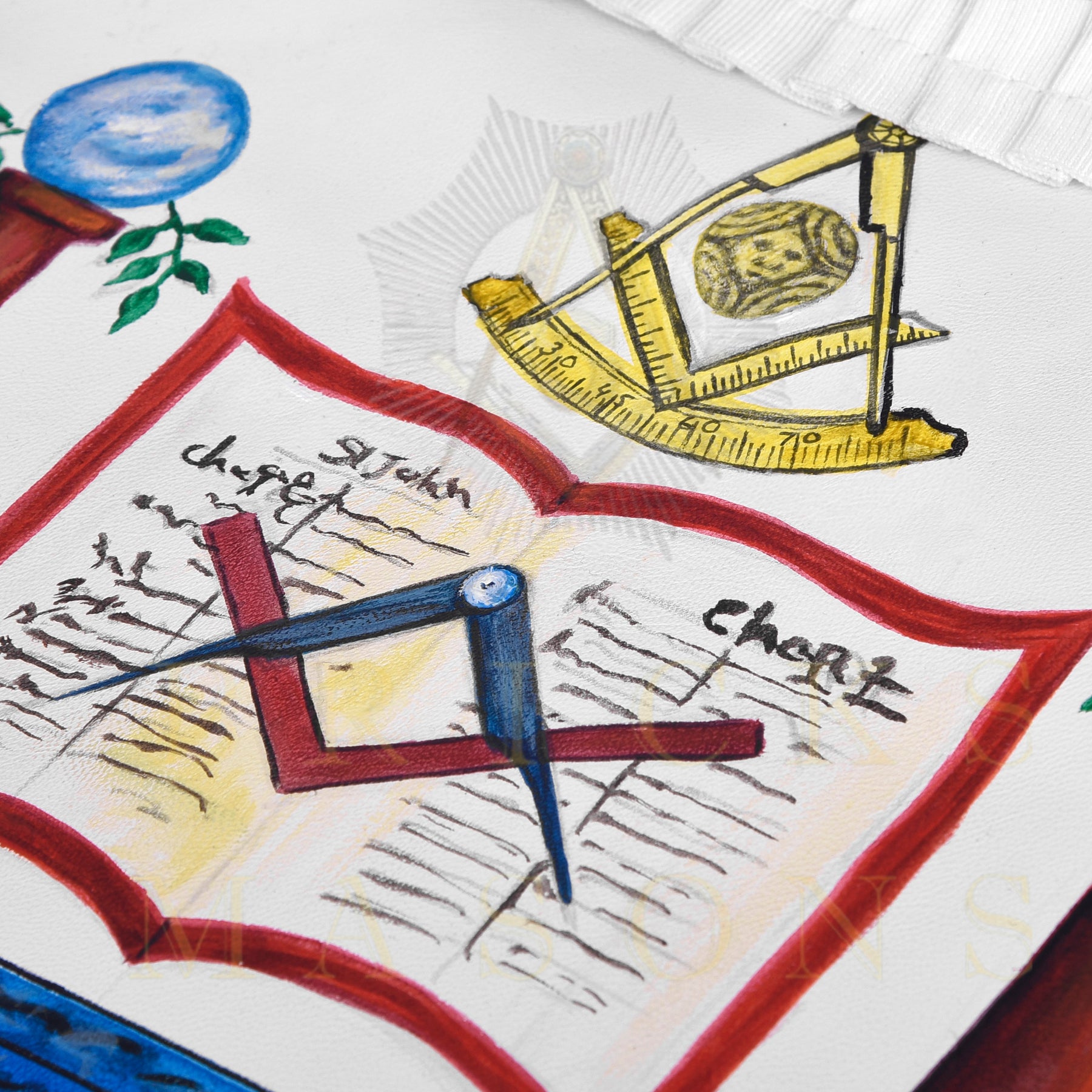 Hand-Painted Apron - Lambskin The Two Pillars of Jachin & Boaz - Bricks Masons