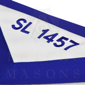 Organist Blue Lodge Officer Apron - Blue Ribbon With Machine Embroidery Customizable Flap - Bricks Masons