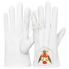 33rd Degree Scottish Rite Gloves - White Leather Eagle Wings Up Patch - Bricks Masons