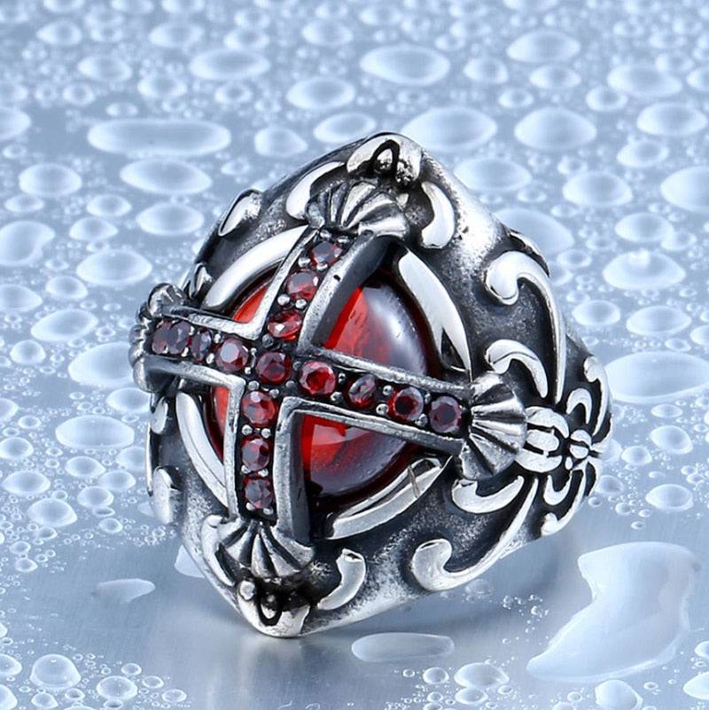 Knights Templar Commandery Ring - Red Stone Cross Silver and Gold