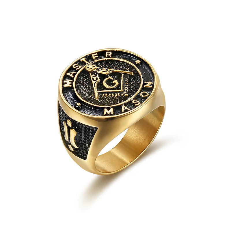 Master Mason Blue Lodge Ring - Gold & Black Color Stainless Steel - Bricks Masons