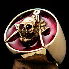 Master Mason Blue Lodge Ring - Gold & Red Brass With Skull Square and Compass