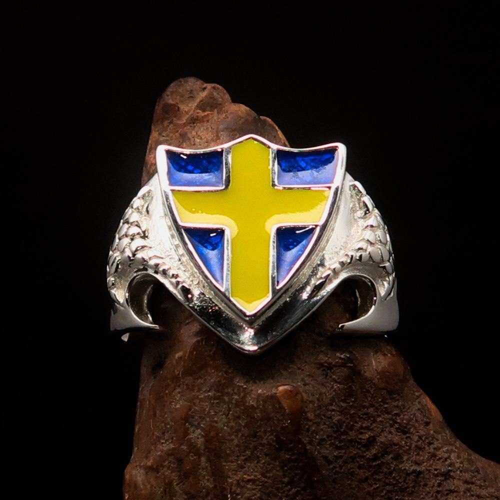 Knights Templar Commandery Ring - Flag of Sweden Yellow Cross on Blue Sterling Silver