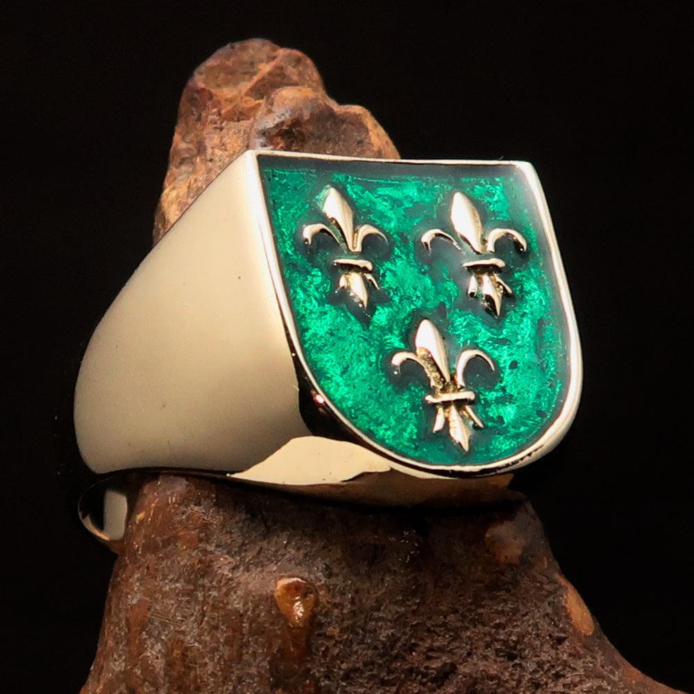 Knights Templar Commandery Ring - Green Knight Fleur De Lis Cross