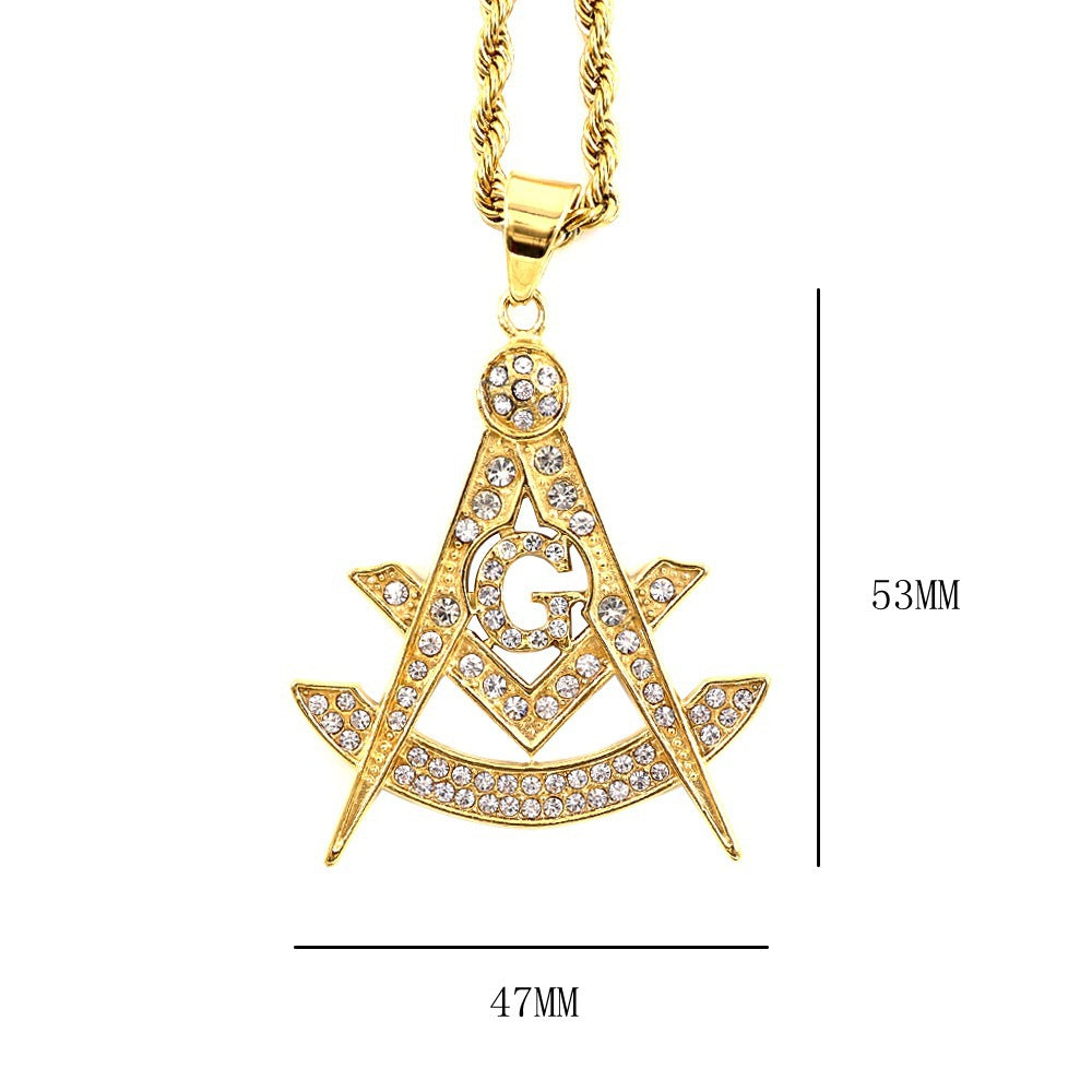 Past Master Blue Lodge Necklace - Quadrant & Square Gold Metal with rhinestones