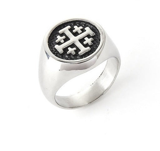 Knights Templar Commandery Ring - Black and Silver Steel Cross - Bricks Masons