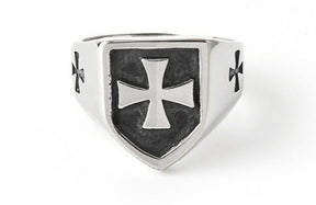 Knights Templar Commandery Ring - Templar Stainless Steel Cross Silver & Black - Bricks Masons