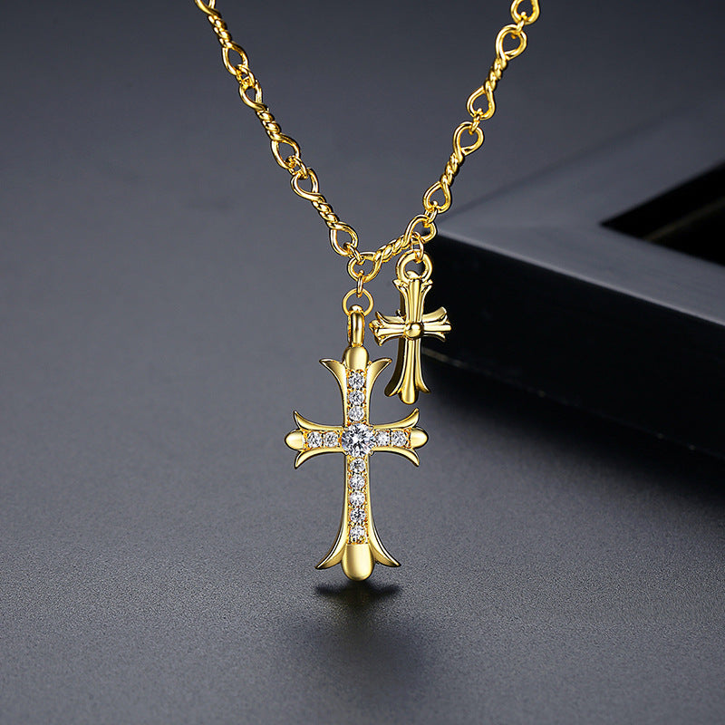 Knights Templar Commandery Necklace - Gold Plated Double Cross Zircon Pendant - Bricks Masons