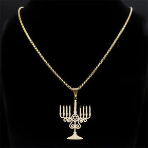 Ancient Israel Necklace - Judaica Israel Lamp Hanukkah Menorah Stainless Steel - Bricks Masons