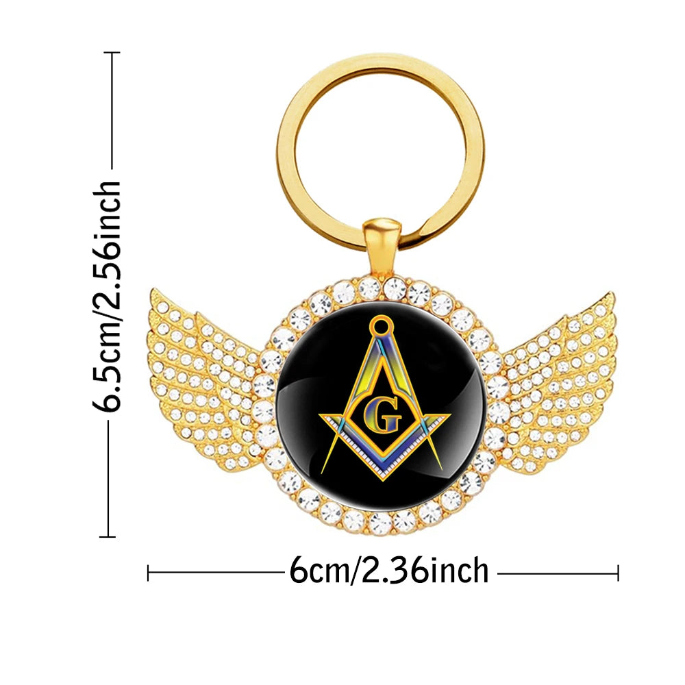 Master Mason Blue Lodge Keychain - Glass Cabochon With Wings