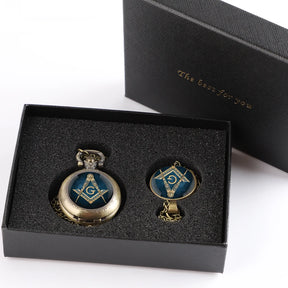 Master Mason Blue Lodge Pocket Watch - Pendant Chain Classic Design Quartz Case - Bricks Masons