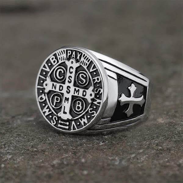 Knights Templar Commandery Ring - Saint Benedict Medal cssml ndsmd Black Silver