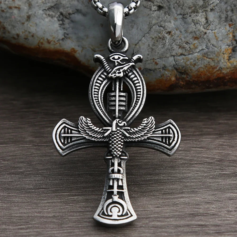 Ancient Egypt Necklace - Ankh Cross Stainless Steel With Eye Of Horus - Bricks Masons