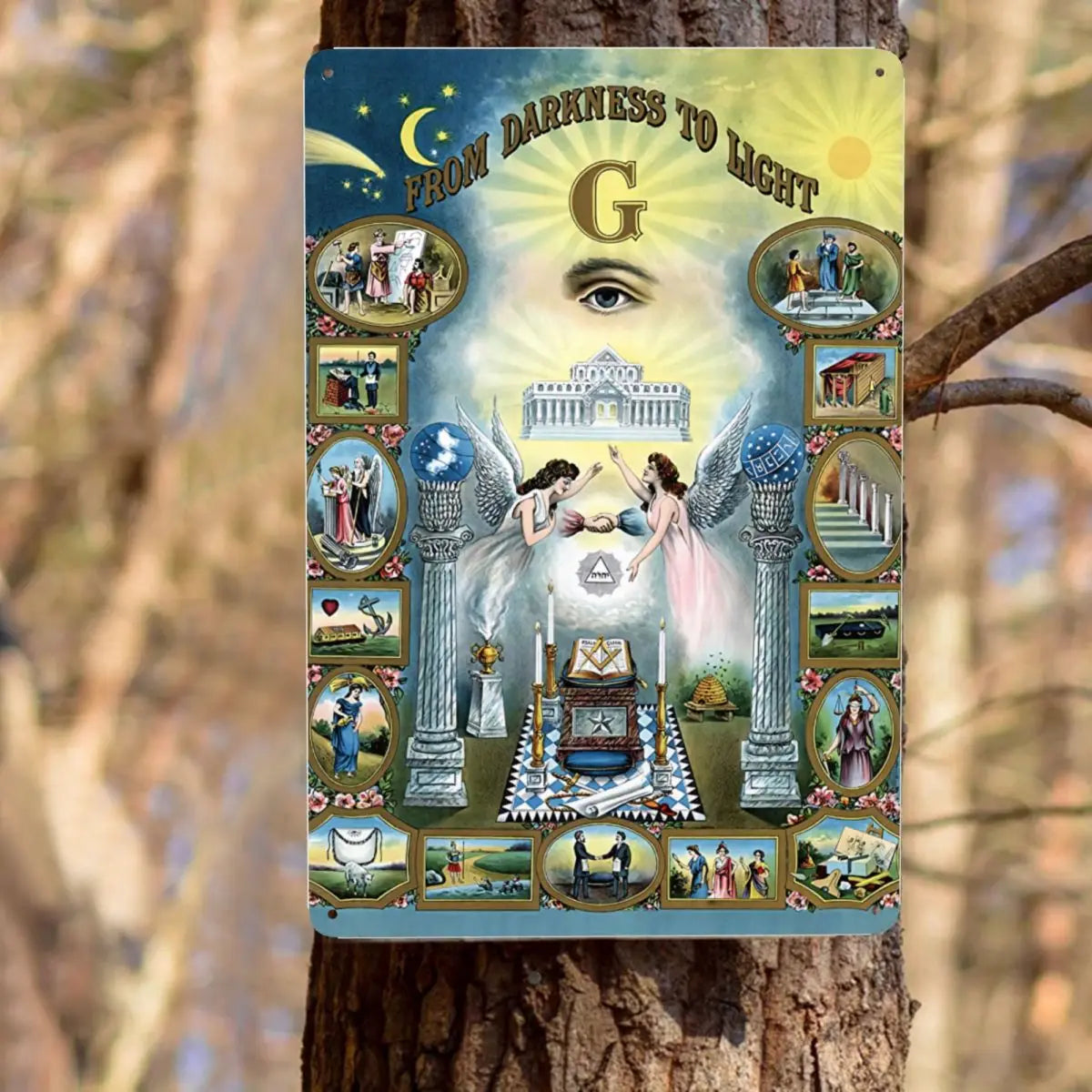 Blue Lodge Canvas - Darkness To Light Freemasonry Metal Sign Plaque - Bricks Masons