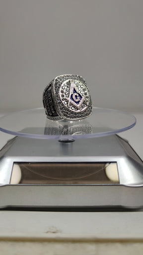 Master Mason Blue Lodge Ring - White Gold Plated With Rhinestones - Bricks Masons