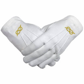 French Rite Gloves - White Cotton with Golden Knot Machine Embroidery - Bricks Masons