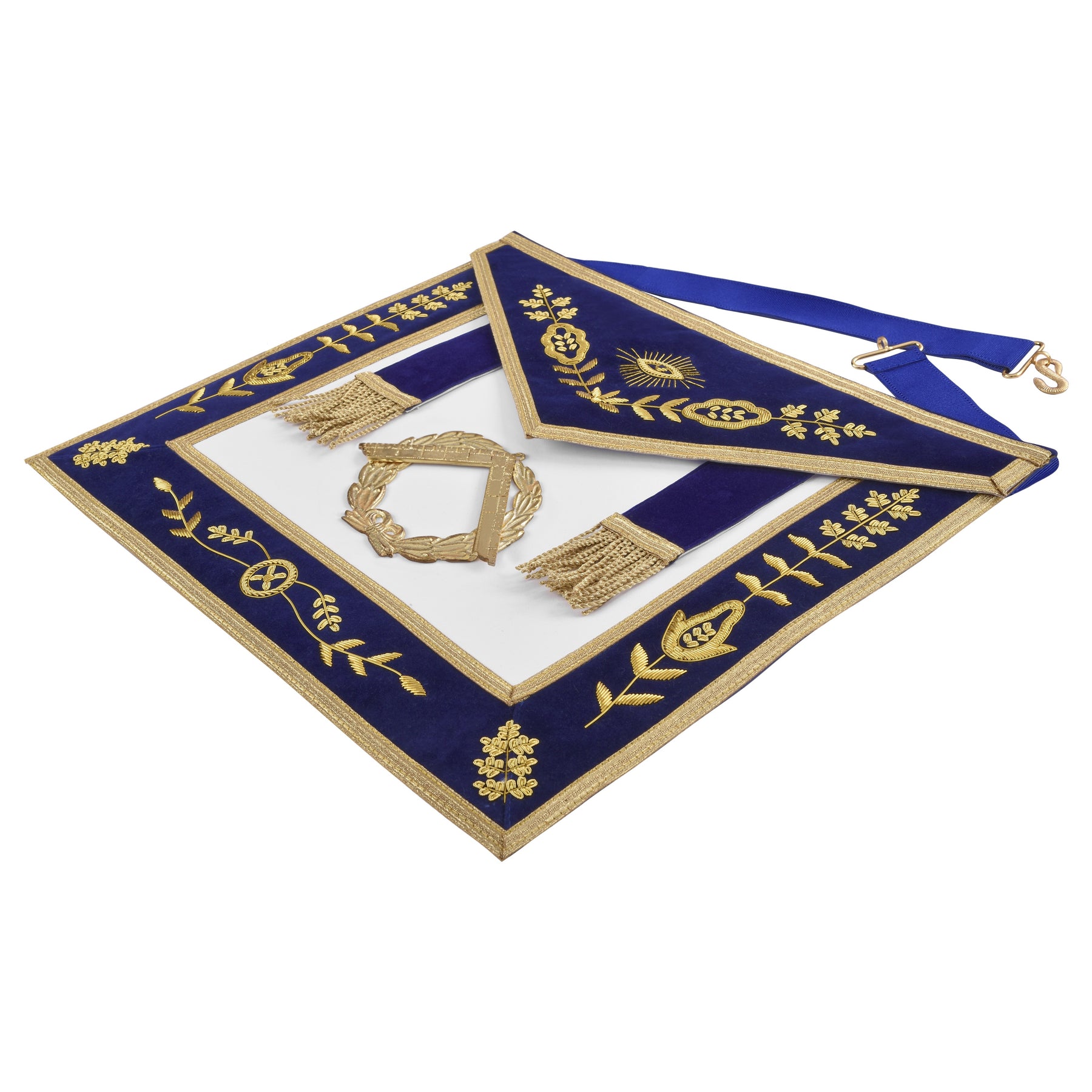 Grand Master Blue Lodge Apron - Royal Blue Velvet With Gold Metal Badge - Bricks Masons