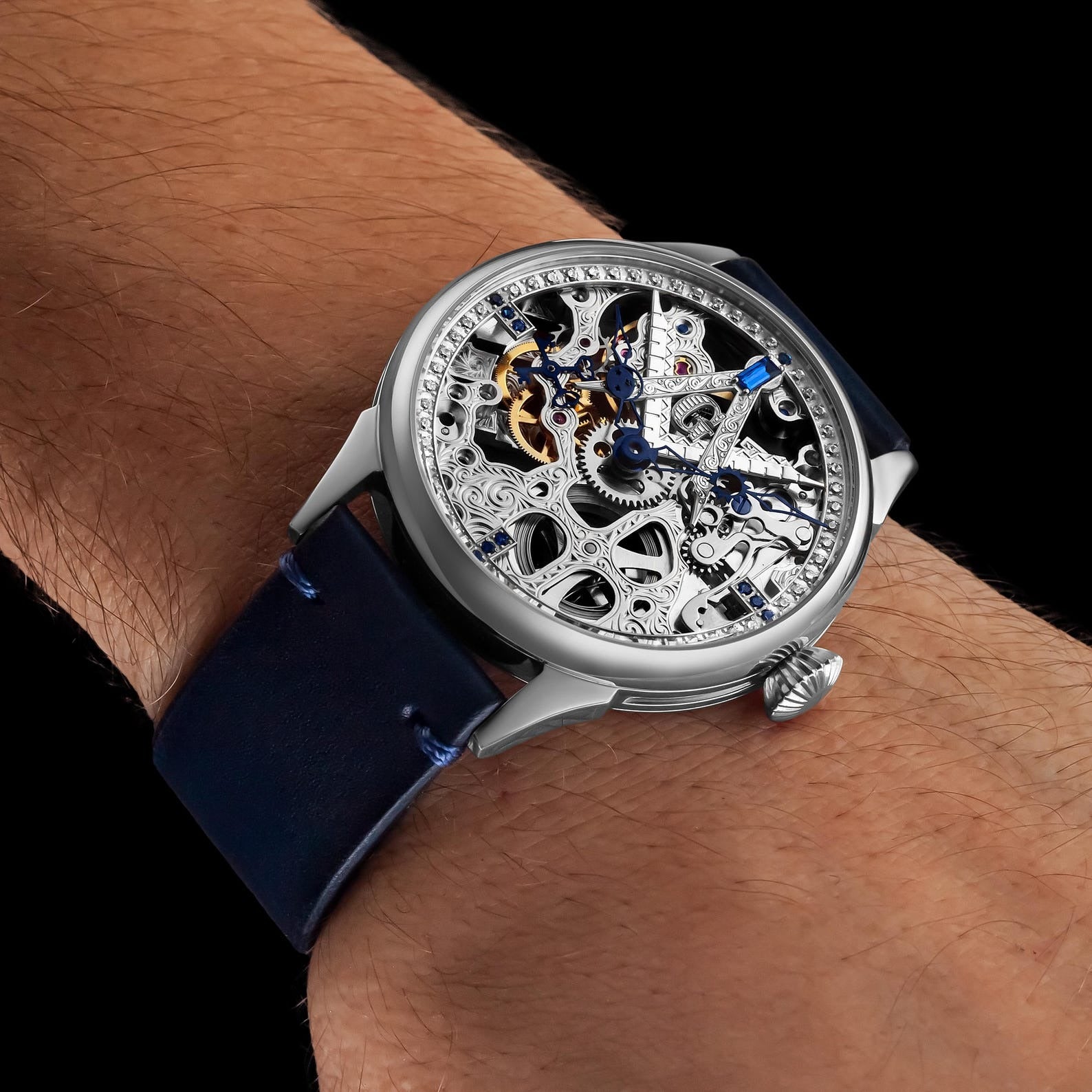 Master Mason Blue Lodge Wristwatch - Silver Skeleton With Stones - Bricks Masons