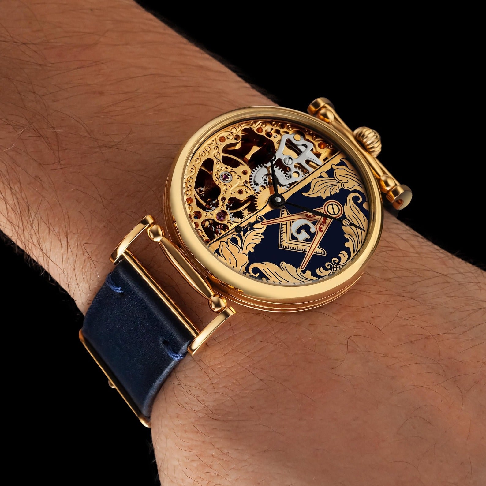 Master Mason Blue Lodge Wristwatch - Gold Skeleton Dial Intricate Detailing - Bricks Masons
