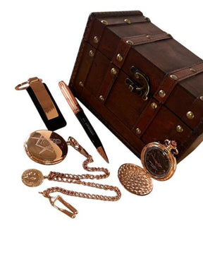 Master Mason Blue Lodge Pocket Watch - Keyring Gift Set Case Custom Engraved With 18K Rose Gold Certificate - Bricks Masons