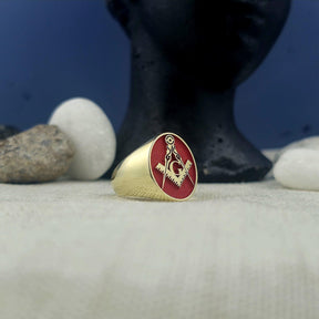 Master Mason Blue Lodge Ring - Red With Gold Square & Compass G - Bricks Masons