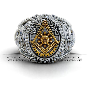 Master Mason Blue Lodge Ring - Square & Compass With Sun Various Materials - Bricks Masons