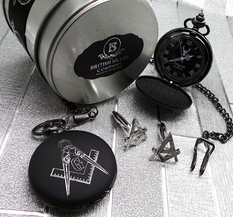 Master Mason Blue Lodge Pocket Watch - Black Luxury Set With Cufflinks Custom Engraving - Bricks Masons