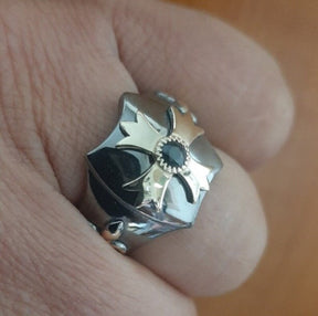 Order Of Malta Ring - Blackened Sterling Silver Blue-Green Sapphire - Bricks Masons