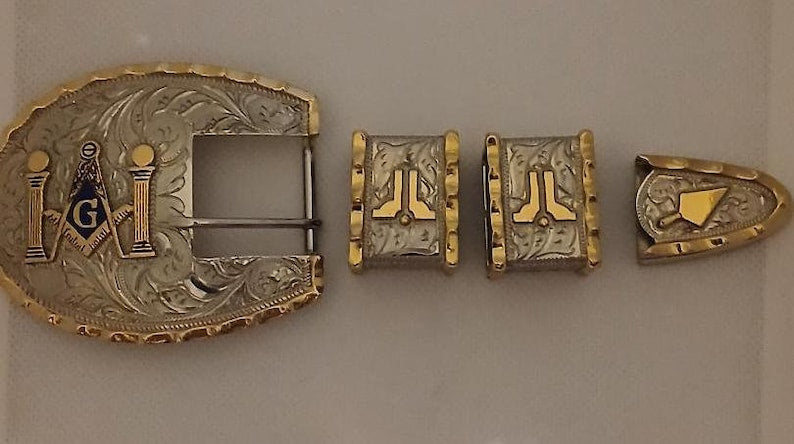 Master Mason Blue Lodge Belt Buckle - Silver Ranger Buckle Set Columns & Trowel - Bricks Masons