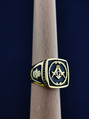 Master Mason Blue Lodge Ring - Gold & Black Square & Compass G With Wreath - Bricks Masons