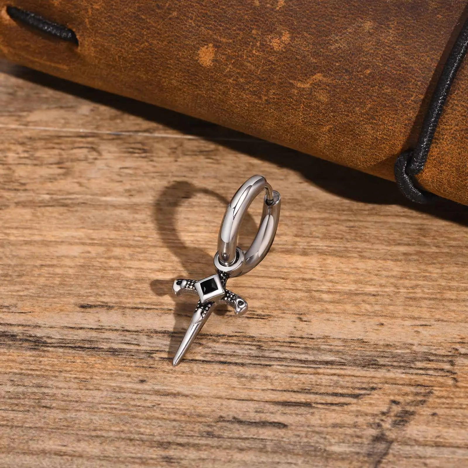 Knights Templar Earring - Stainless Steel With Black Stone - Bricks Masons