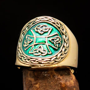 Knights Templar Ring - Brass Green Celtic Cross - Bricks Masons
