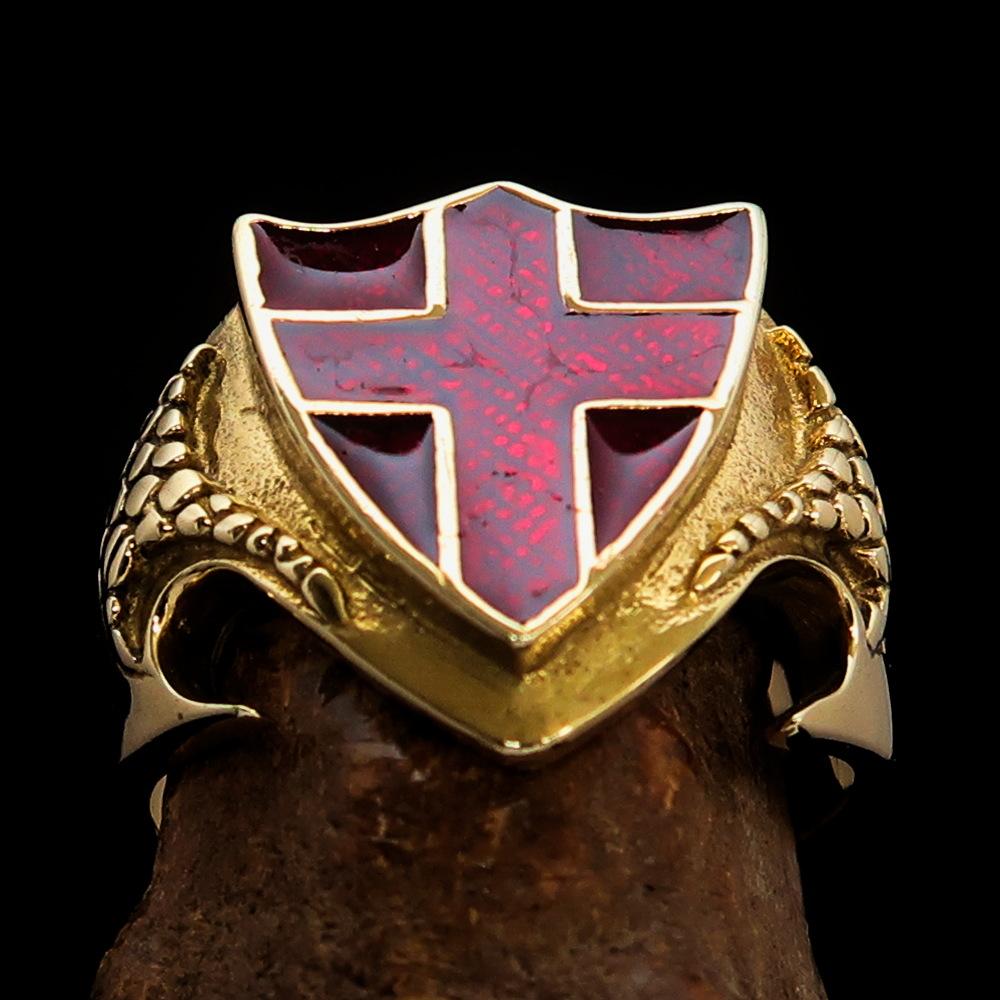 Knights Templar Ring - Brass Knight & Shield With Red Cross - Bricks Masons