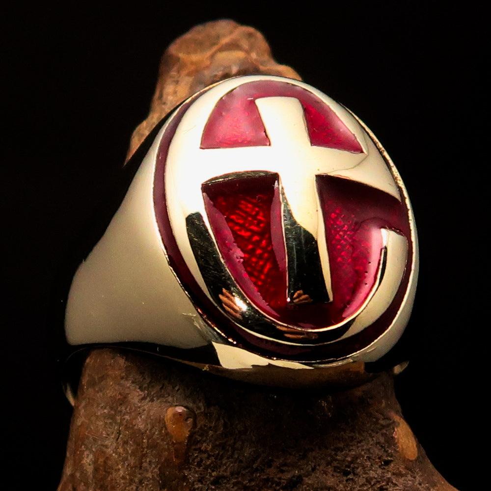 Knights Templar Ring - Gold & Red Cross Solid Brass - Bricks Masons