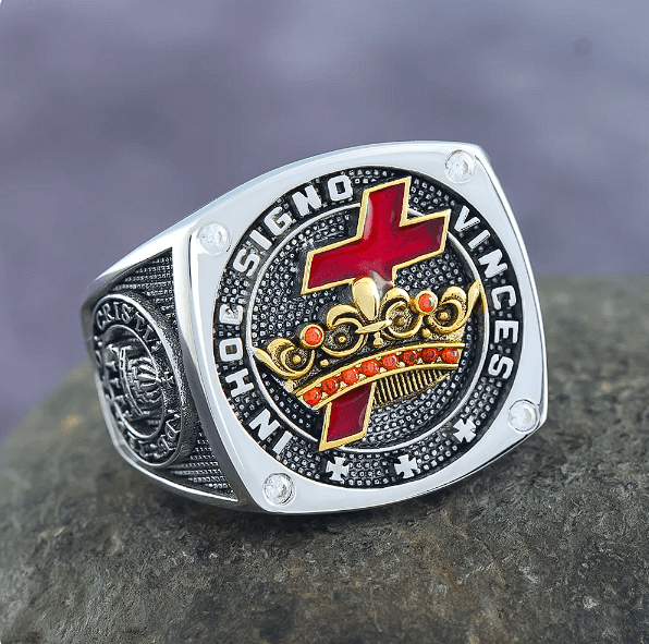 Knights Templar Ring - In Hoc Signo Vinces Crusader Seal Sterling Silver - Bricks Masons
